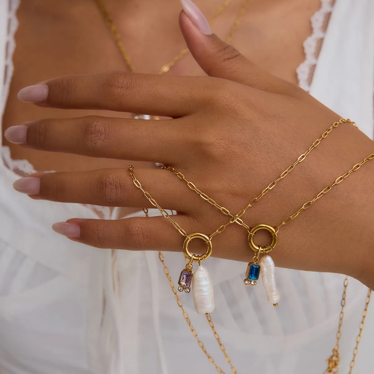 Elegant Pearl Necklace with Birthstone Pendant – Hypoallergenic 18k Gold-Plated Jewelry sold by Hensley London product image thumbnail 5