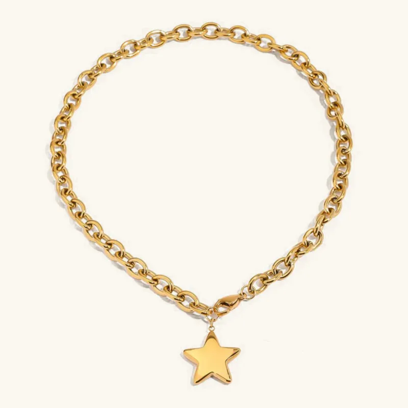 Gold Star Pendant Necklace – 18k Gold Plated Stainless Steel, Waterproof, Hypoallergenic, 16-Inch Chain sold by Hensley London