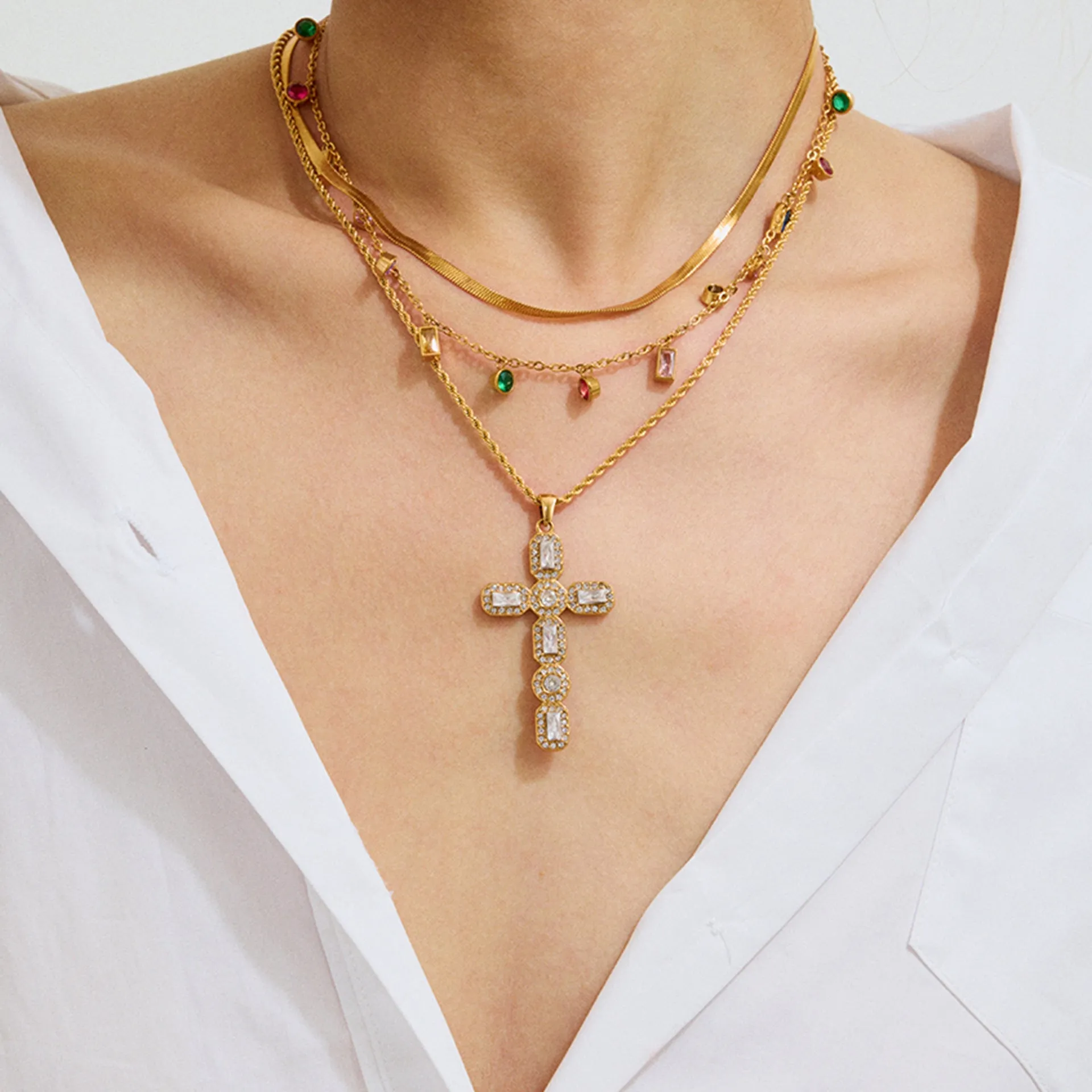 Elegant Diamond Cross Necklace in 18k Gold Plating – Hypoallergenic, Waterproof, Perfect for Layering sold by Hensley London product image thumbnail 3