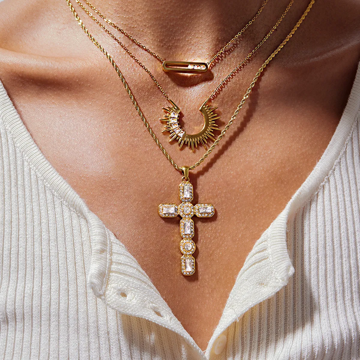 Elegant Diamond Cross Necklace in 18k Gold Plating – Hypoallergenic, Waterproof, Perfect for Layering sold by Hensley London product image thumbnail 2