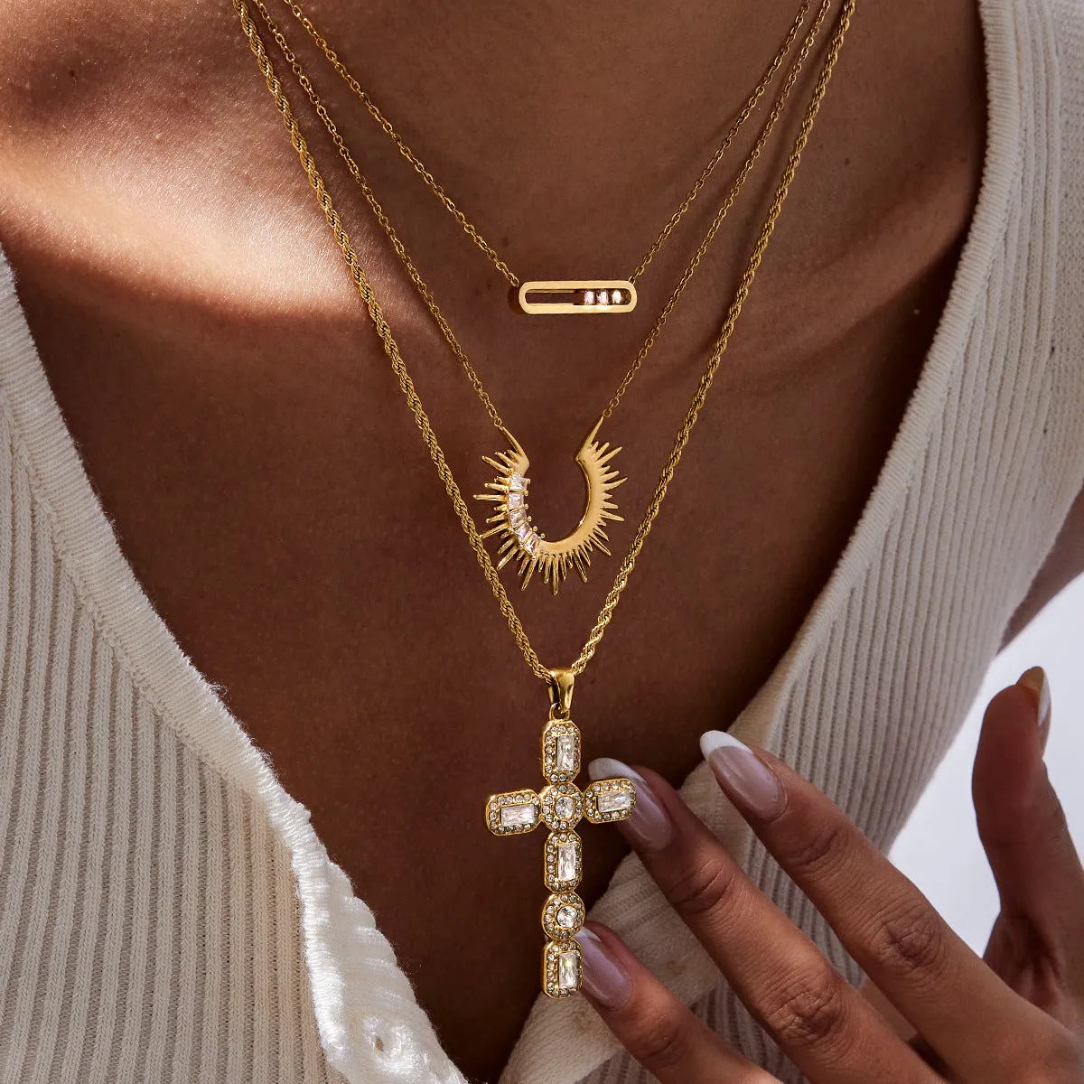Elegant Diamond Cross Necklace in 18k Gold Plating – Hypoallergenic, Waterproof, Perfect for Layering sold by Hensley London product image thumbnail 5