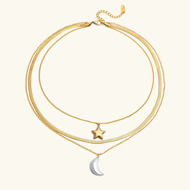 Layered Gold Necklace with Sun and Moon Charms, Waterproof Hypoallergenic Jewelry for Women sold by Hensley London