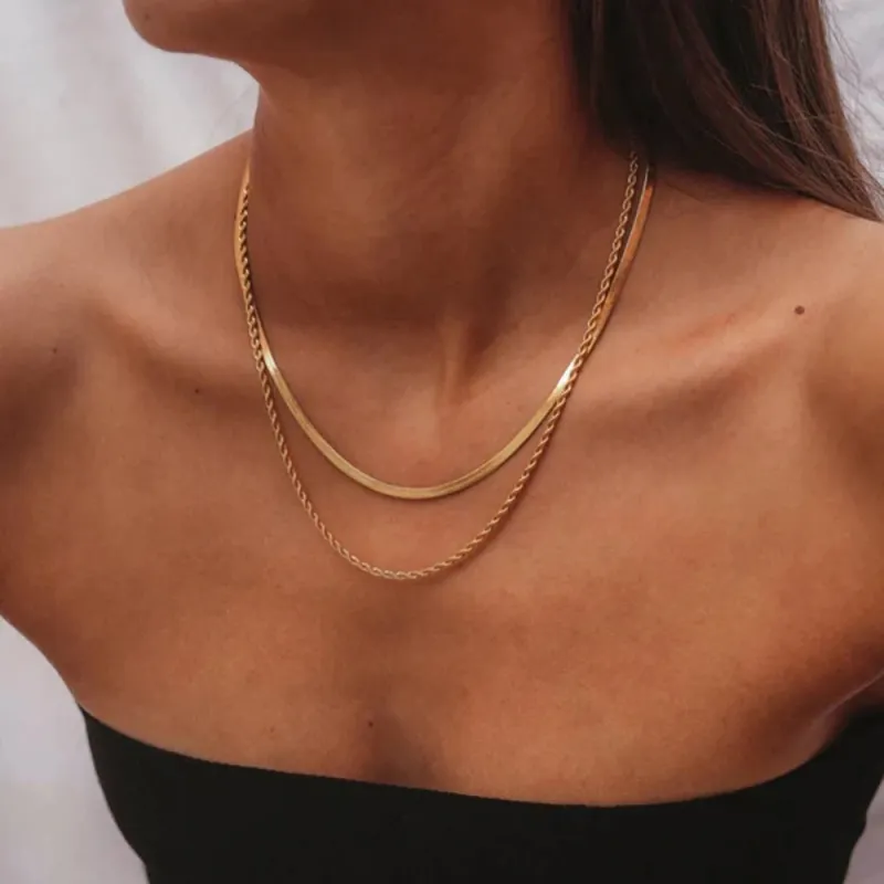 18k Gold Plated Layered Herringbone and Rope Chain Necklace for Women - Elegant Gold Necklace sold by Hensley London