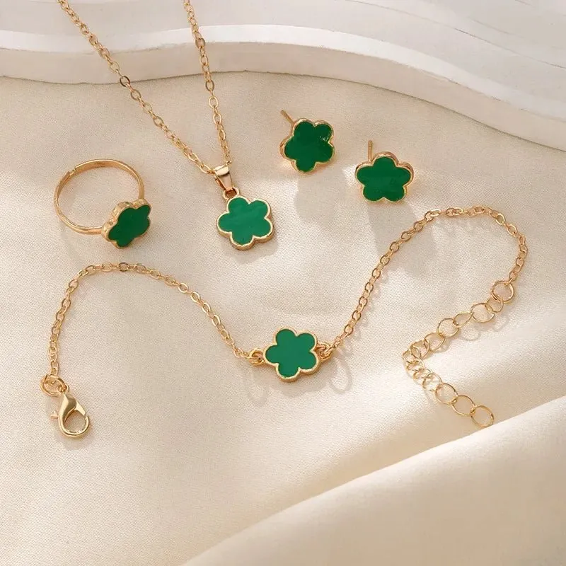 Dainty Floral Clover Jewelry Set - Elegant Necklace and Earring Set with Bracelet and Rings in Multiple Colors sold by Hensley London product image thumbnail 5
