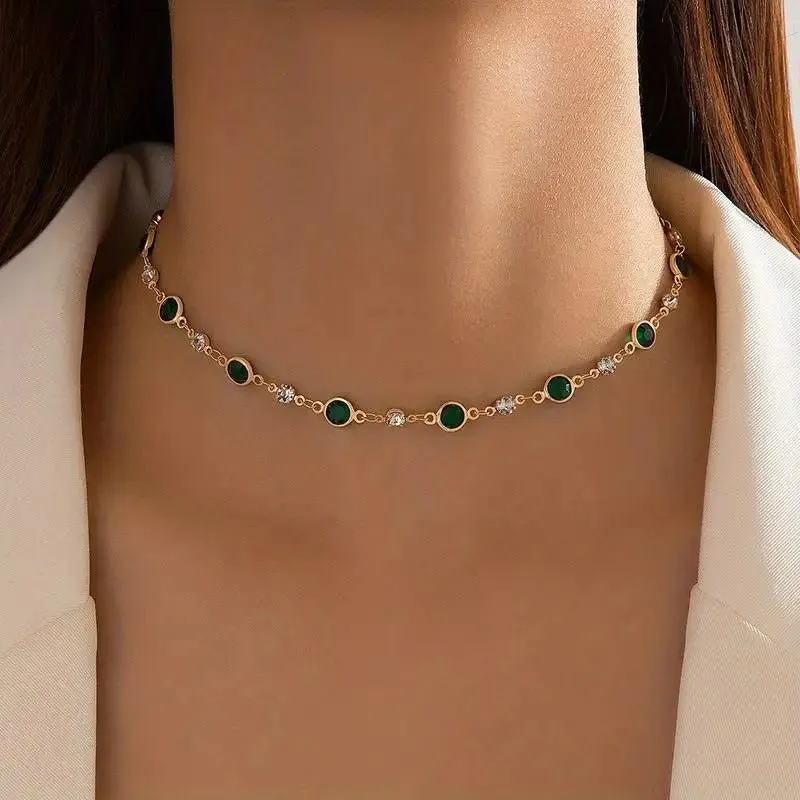 Gold Choker Necklace with Emerald and Diamond Accents – Dainty Stainless Steel Design with Extender sold by Hensley London