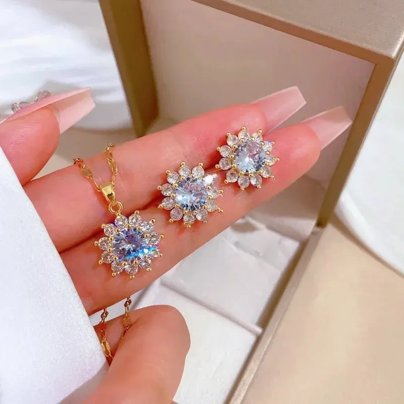 Dazzling Sunflower Floral Jewelry Set - Necklace and Earring Set with Zircon Accents in Gold Plated Design sold by Hensley London product image thumbnail 3