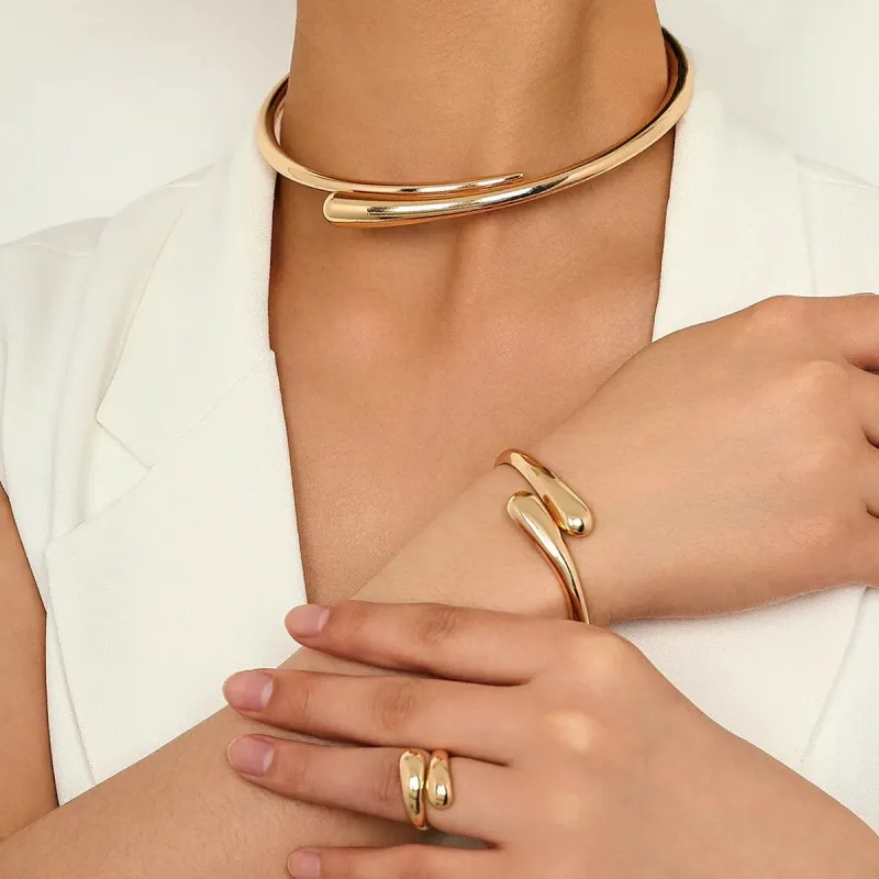 Modern Wrap Choker Necklace, Bracelet, and Ring Set in Gold and Silver – Elegant Jewelry Collection sold by Hensley London