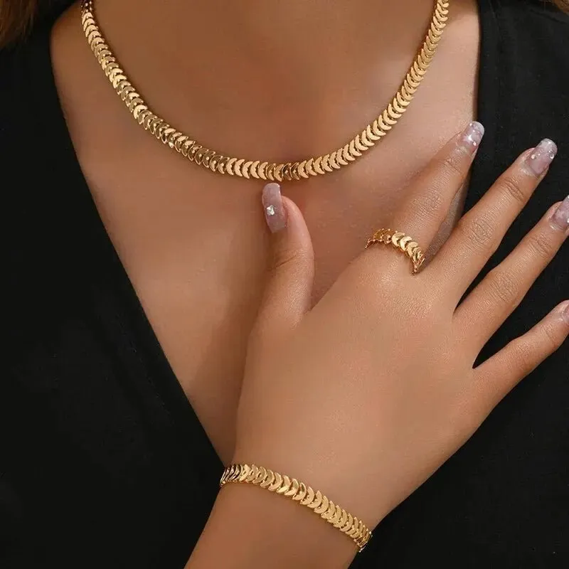 Elegant Fishbone Jewelry Set - Necklace, Bracelet, and Ring in Stainless Steel and Copper sold by Hensley London