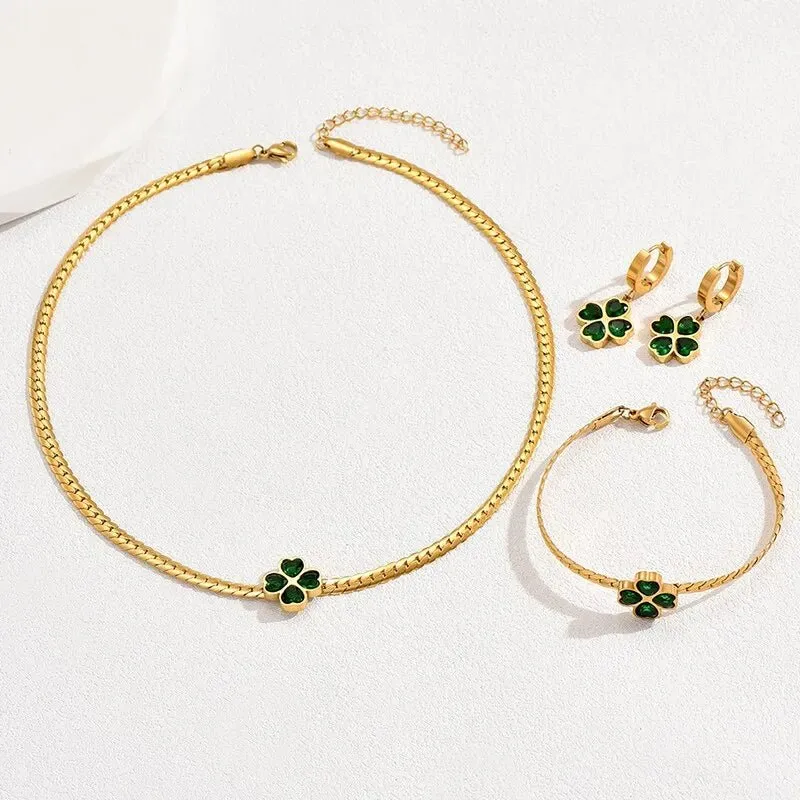 Emerald Four Leaf Clover Jewelry Set – Necklace, Bracelet, and Earrings with Gold Accents sold by Hensley London product image thumbnail 3