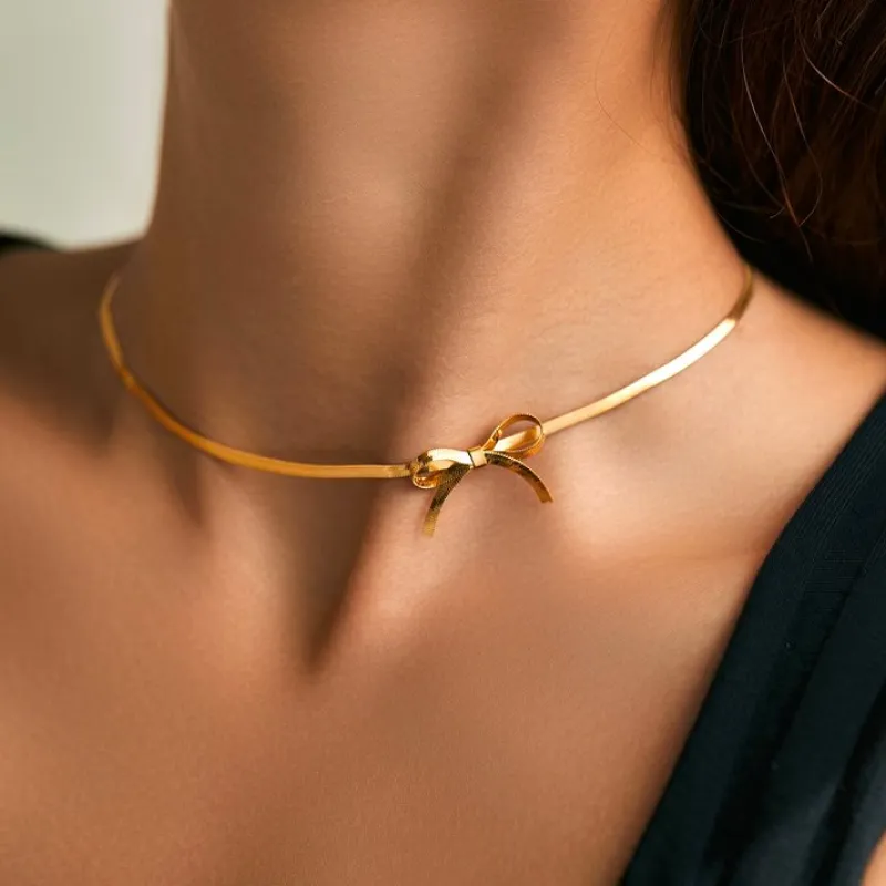 Gold Dainty Bow Necklace for Women – Elegant Stainless Steel Jewelry with Extender, Lightweight and Stylish sold by Hensley London