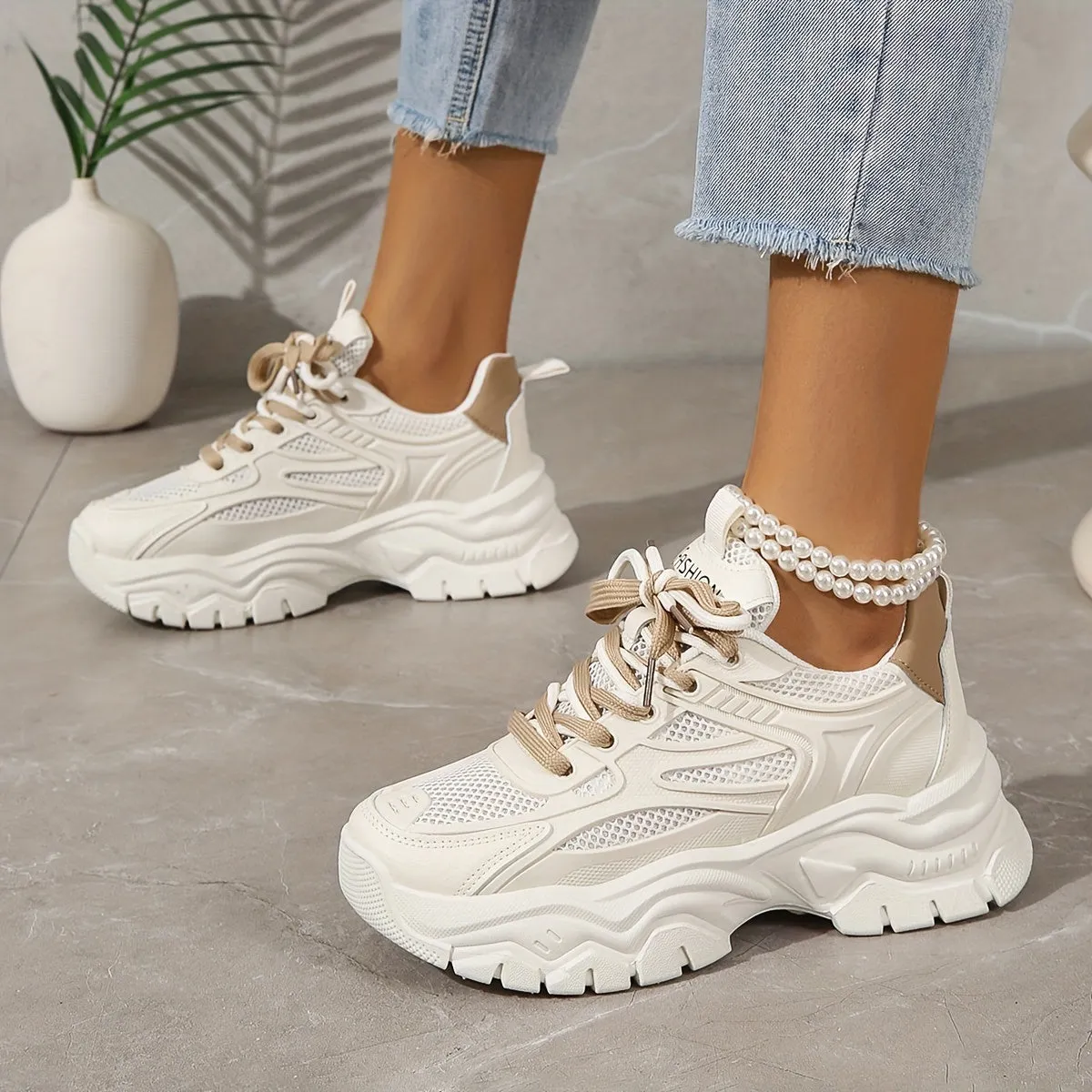 White Mesh Sneakers for Women with Thick Sole – Casual and Sporty Design sold by Hensley London product image thumbnail 2
