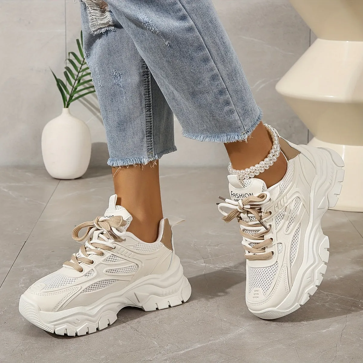 White Mesh Sneakers for Women with Thick Sole – Casual and Sporty Design sold by Hensley London product image thumbnail 3