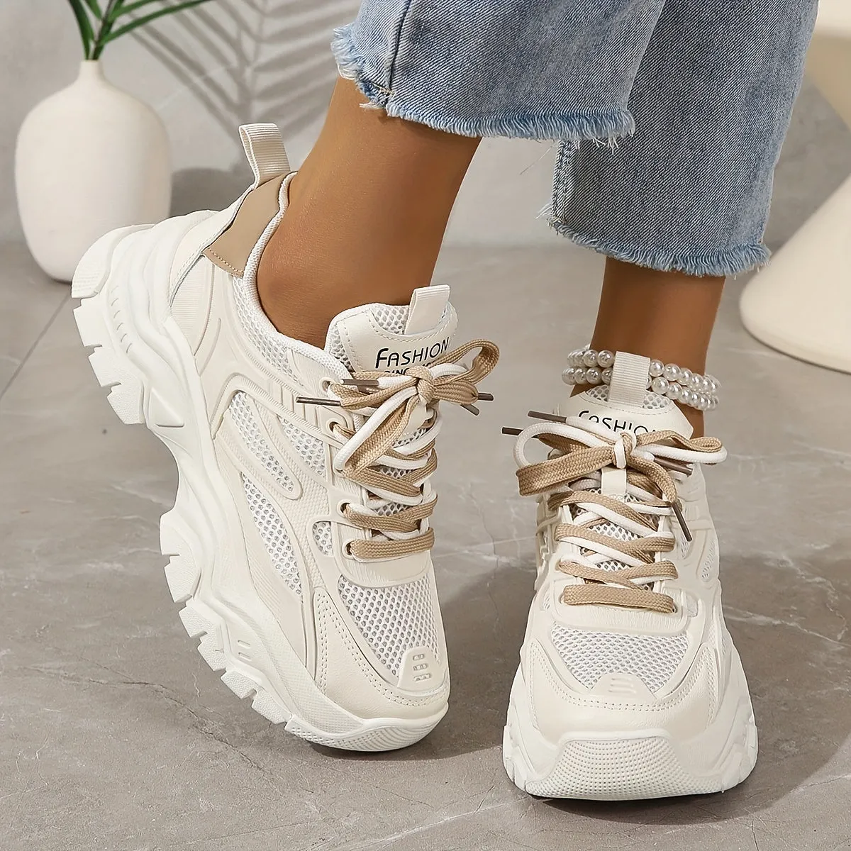 White Mesh Sneakers for Women with Thick Sole – Casual and Sporty Design sold by Hensley London product image thumbnail 4