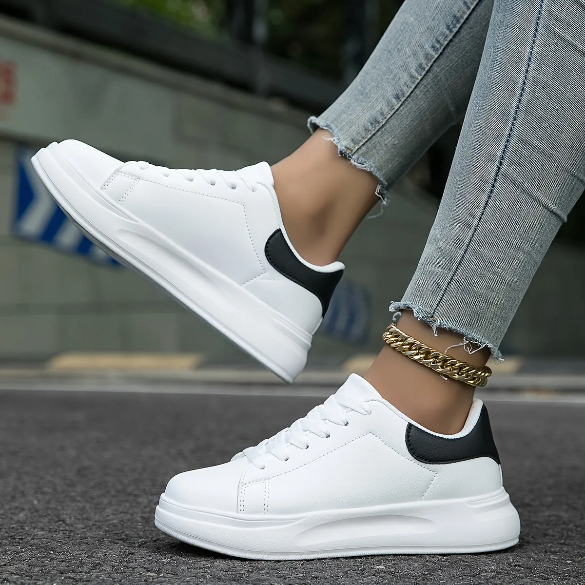 Women's Faux Leather White Sneakers – Minimalist Low-Top Design for All-Day Comfort sold by Hensley London product image thumbnail 2