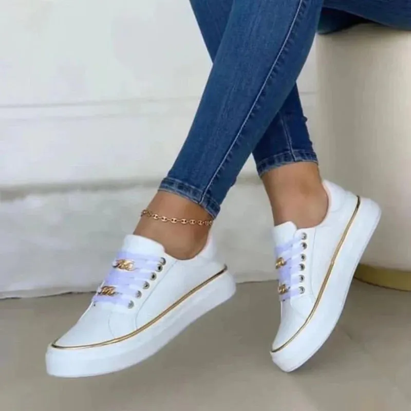 Women's White Trainers with Gold Accent – Stylish Low-Top Sneakers for Comfort and Versatility sold by Hensley London