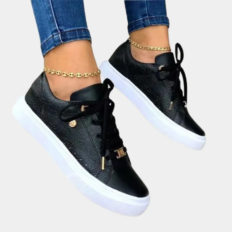 Women's Low-Top Fashion Sneakers with Embossed Floral Pattern and Lace-Up Design sold by Hensley London