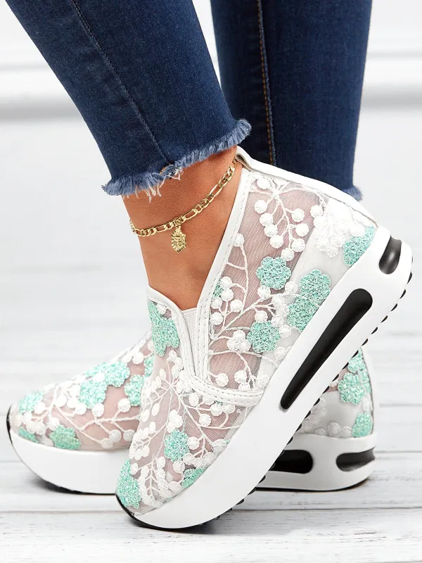 Women's Slip-On Sneakers with Floral Embroidery and Sheer Mesh Upper – Trendy Platform Sole for Casual Style sold by Hensley London