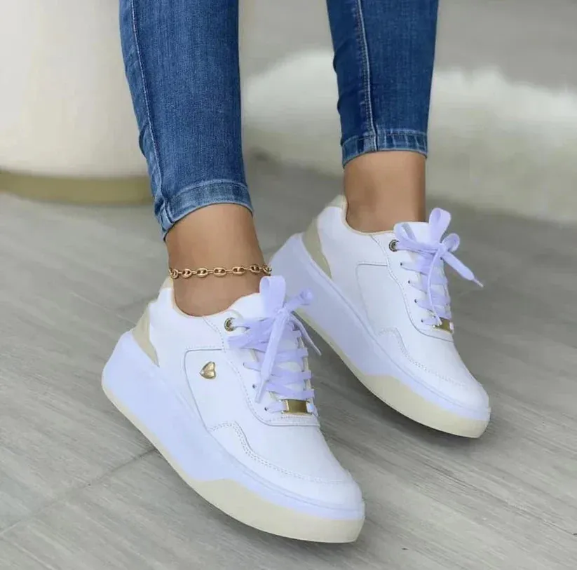 Women's White Platform Sneakers with Cushioned Sole – Lace-Up Faux Leather Casual Footwear sold by Hensley London product image thumbnail 4