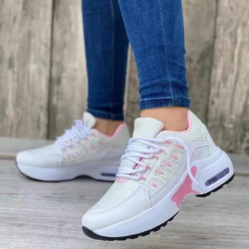 Women's White Sneakers - Breathable Mesh Athletic Shoes with Platform Sole and Cushioned Lace-Up Fit for Walking and Casual Wear sold by Hensley London