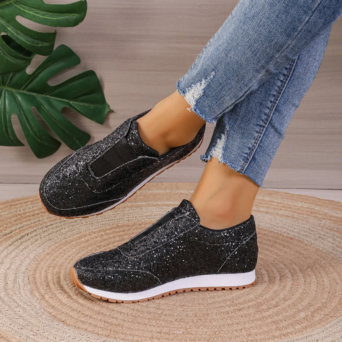 Women's Slip-On Sneakers with Sequin Upper and Cushioned Sole - Low Profile Casual Shoes sold by Hensley London