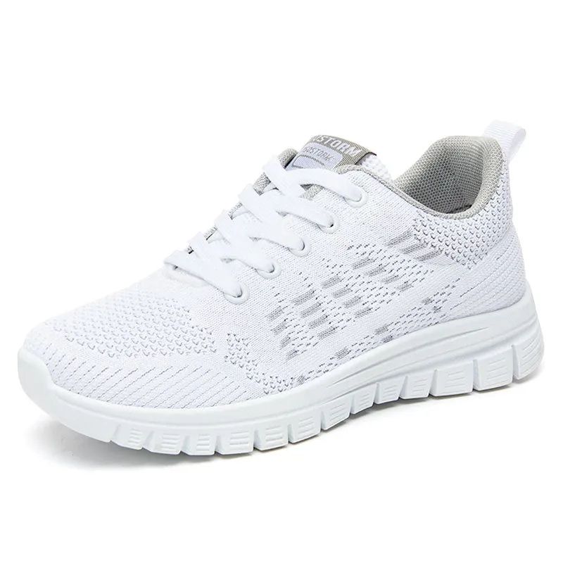Women's White Sneakers - Breathable Knit Low-Top Lace-Up Casual Walking Shoes with Cushioned Sole sold by Hensley London product image thumbnail 5
