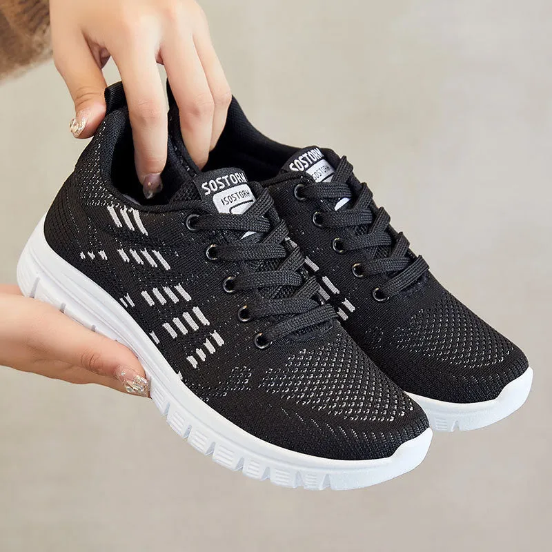Women's White Sneakers - Breathable Knit Low-Top Lace-Up Casual Walking Shoes with Cushioned Sole sold by Hensley London