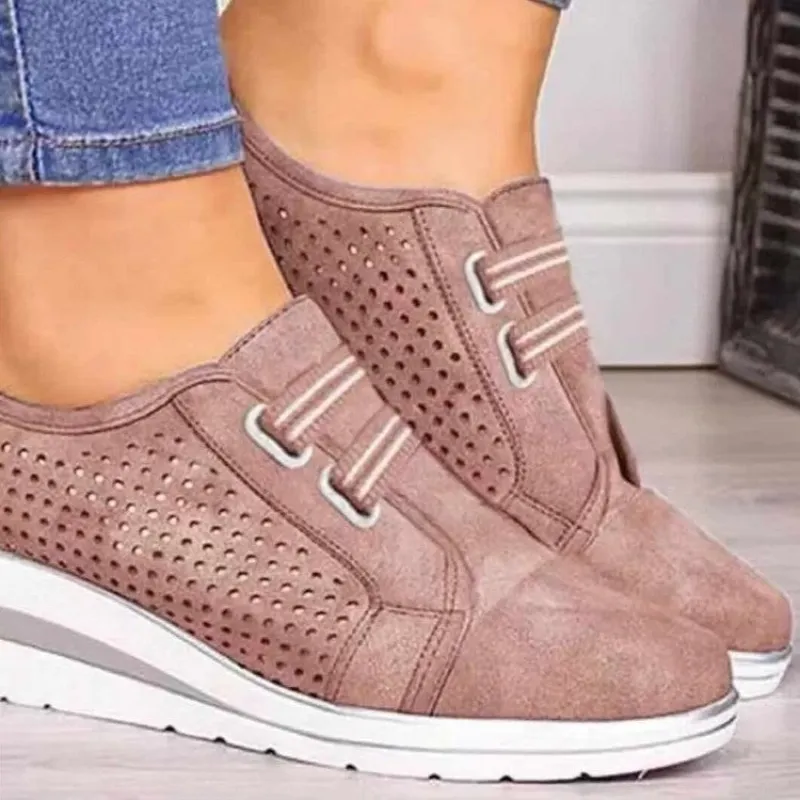 Women's Slip-On Wedge Sneakers - Breathable Fabric, Elastic Vamp, Comfortable Round Toe Design sold by Hensley London