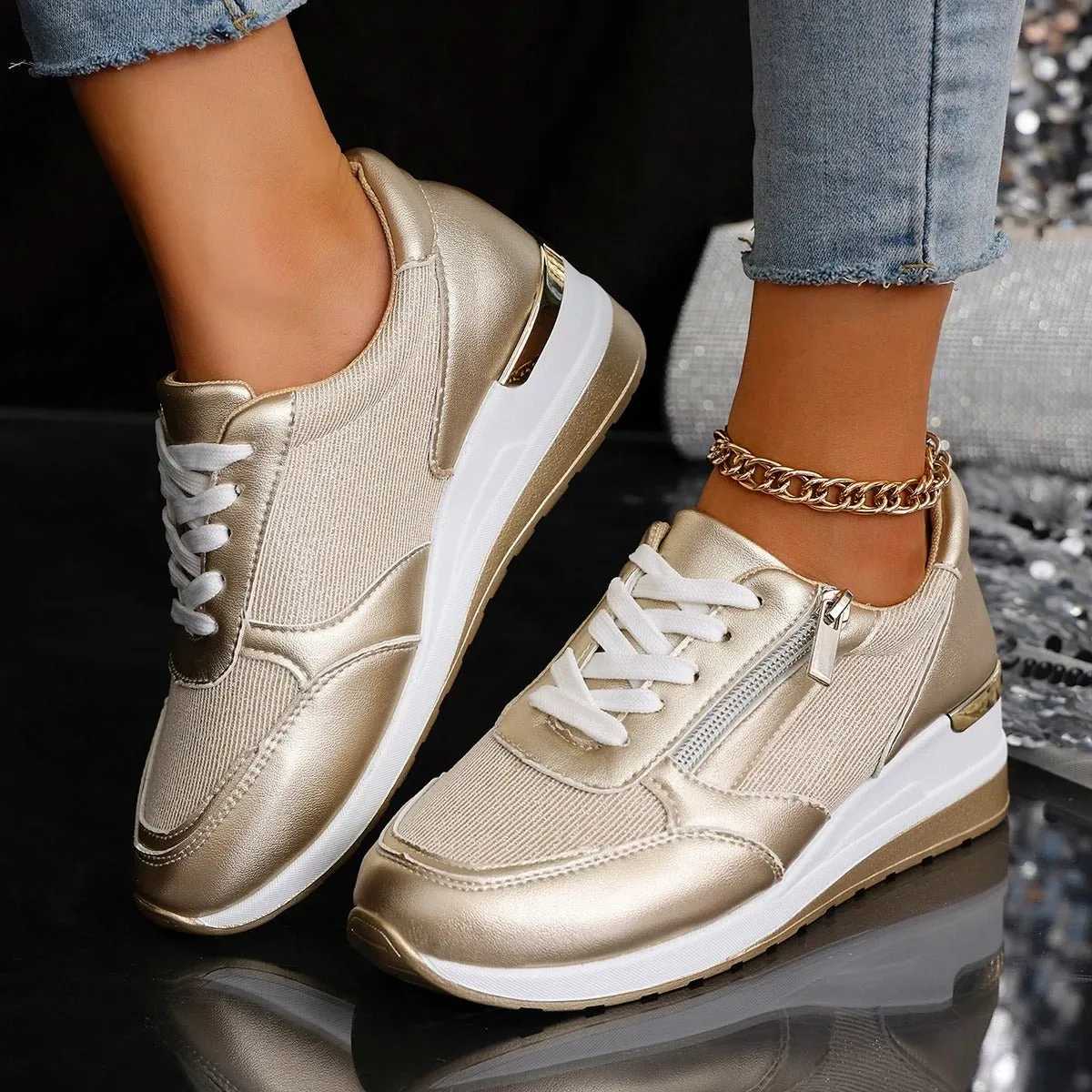 Women's Arch Support Sneakers with Breathable Textile and Side Zip Closure sold by Hensley London