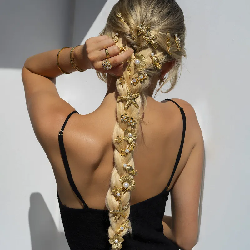 Gold Hair Clip with Freshwater Pearl and Seashell Design – Hypoallergenic, Waterproof, Ocean-Inspired Women's Hair Accessory sold by Hensley London