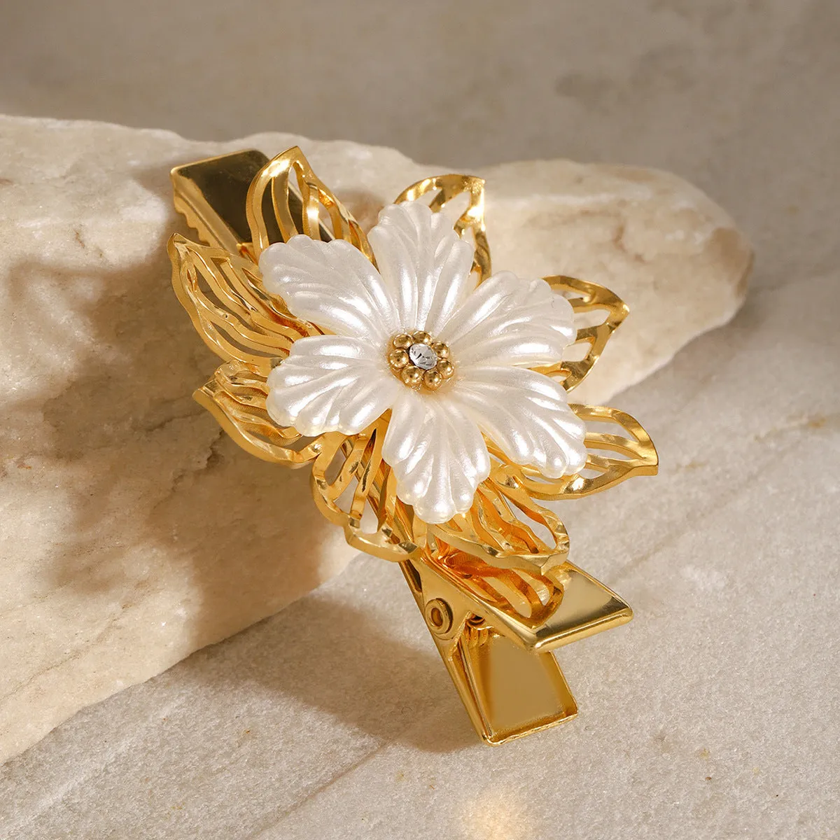 Elegant Floral Pearl Hair Clip – Gold Petal Design with Hypoallergenic Freshwater Pearl sold by Hensley London product image thumbnail 3
