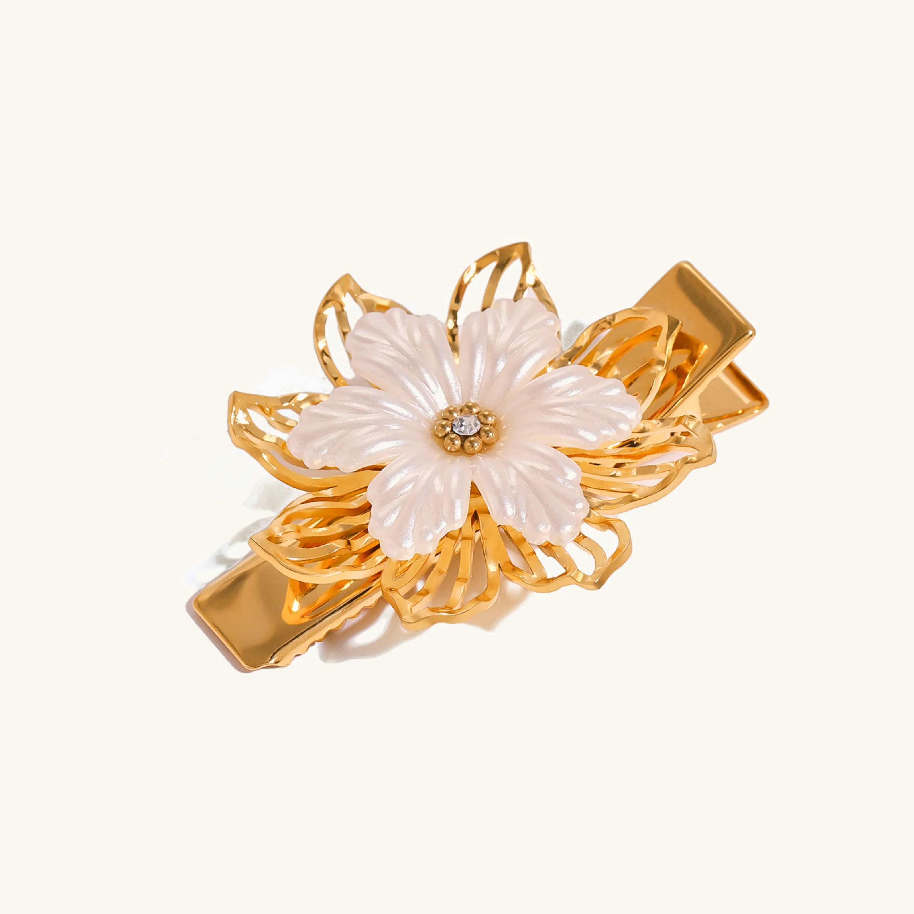 Elegant Floral Pearl Hair Clip – Gold Petal Design with Hypoallergenic Freshwater Pearl sold by Hensley London product image thumbnail 2