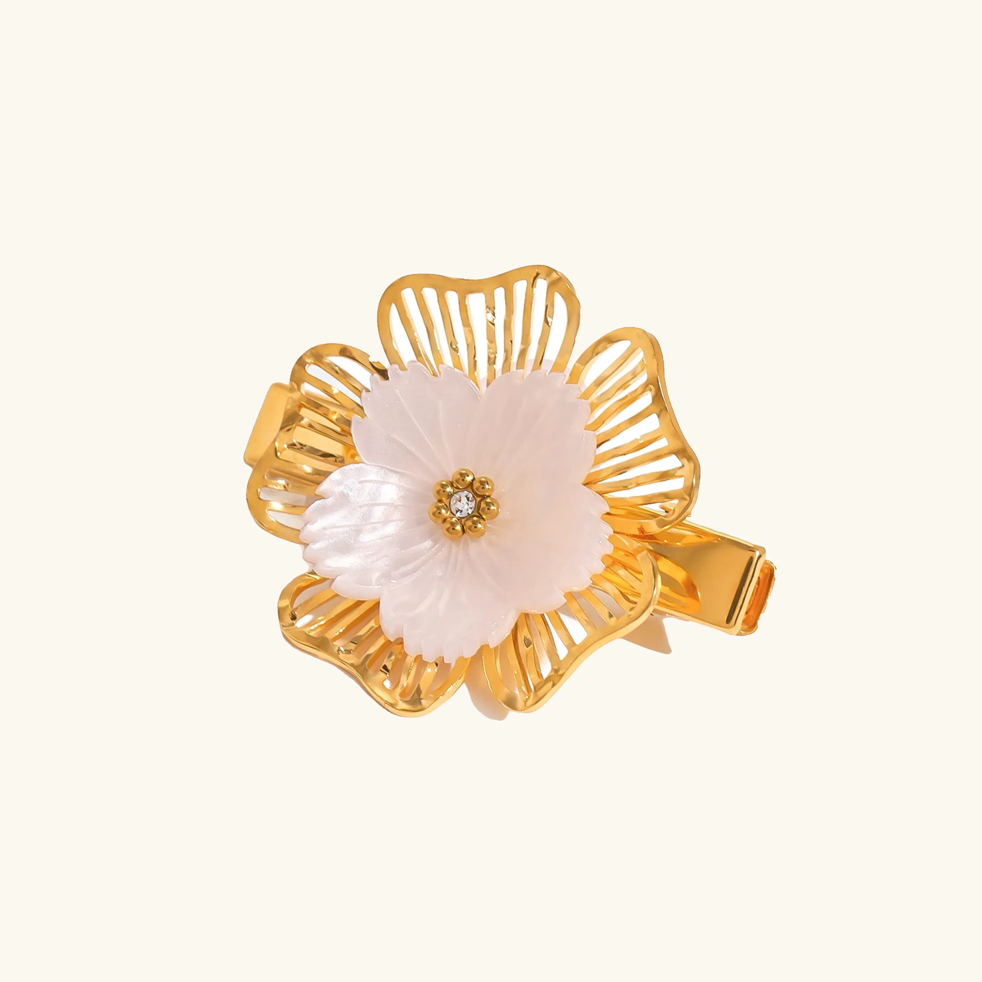 Elegant Petal Pearl Hair Clip with 18k Gold Plating – Hypoallergenic and Waterproof Hair Accessory sold by Hensley London product image thumbnail 2