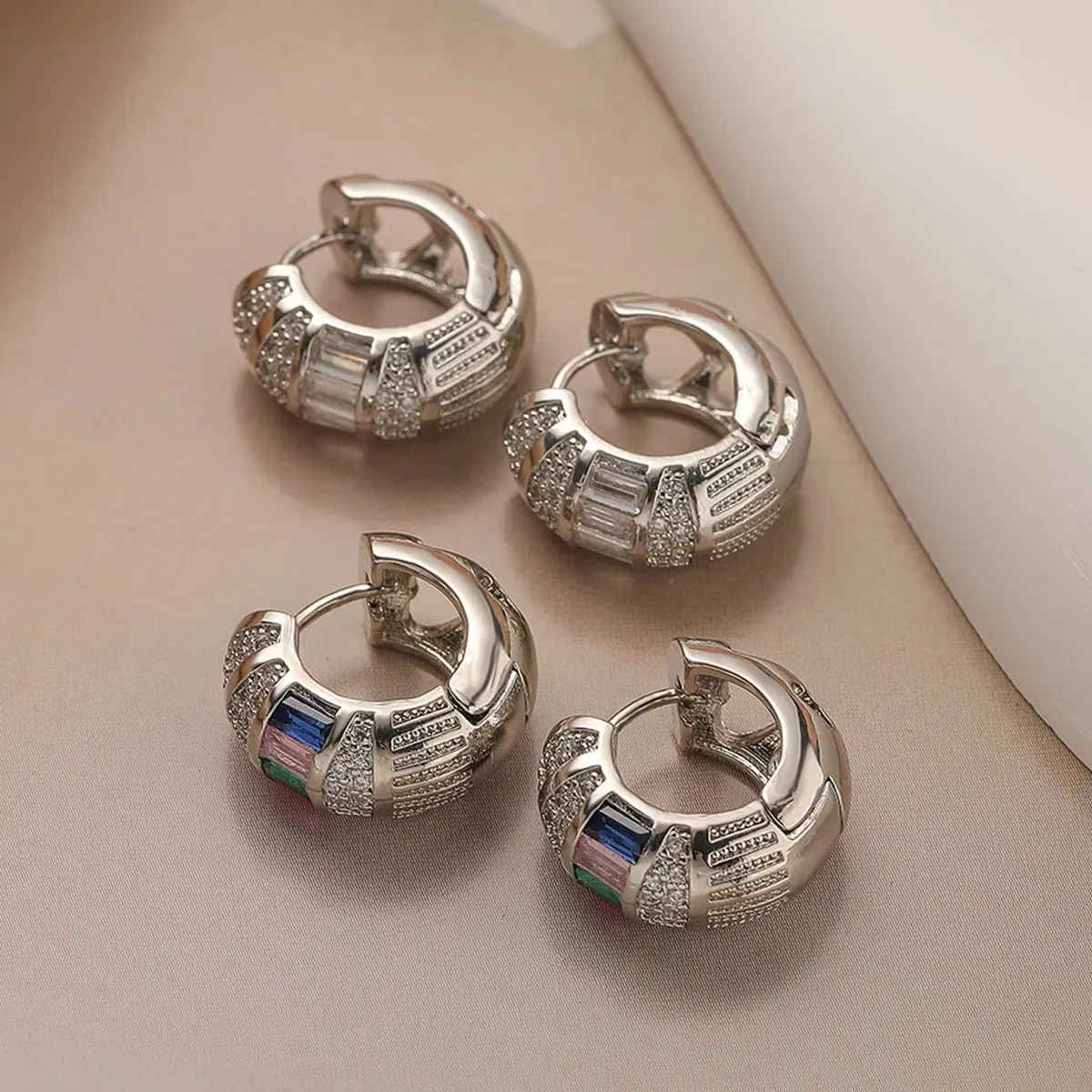 Bold Baguette Diamond Hoop Earrings in Gold or Silver – Chunky Design with Colorful or White Diamonds sold by Hensley London product image thumbnail 3