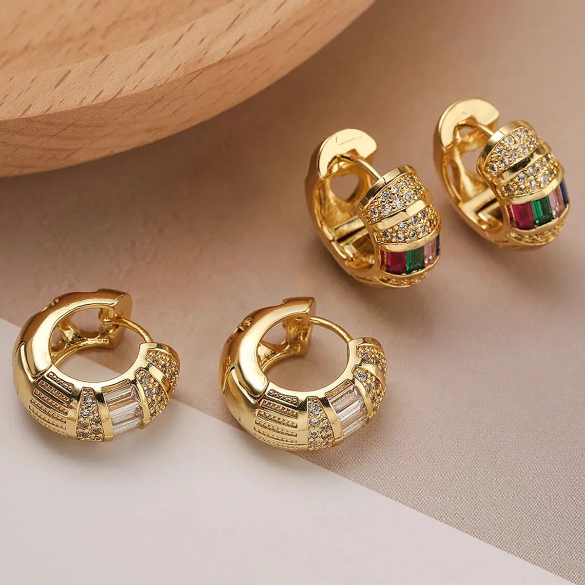 Bold Baguette Diamond Hoop Earrings in Gold or Silver – Chunky Design with Colorful or White Diamonds sold by Hensley London product image thumbnail 2