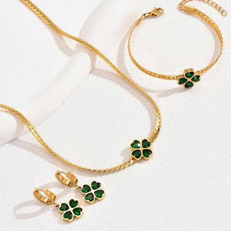 Emerald Four Leaf Clover Jewelry Set - Necklace and Earring Set with Bracelet, Gold Accents, and Modern Design sold by Hensley London product image thumbnail 2