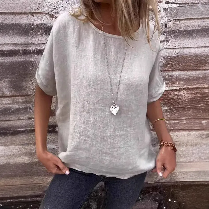 Women's Loose Fit Linen Blend T-Shirt with Short Sleeves and Curved Hem sold by Hensley London product image thumbnail 4
