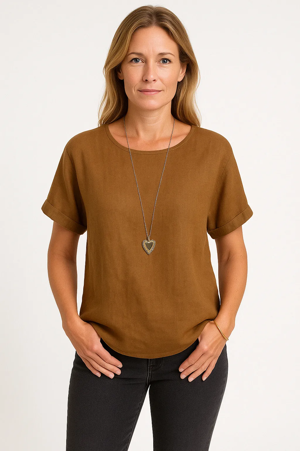 Women's Loose Fit Linen Blend T-Shirt with Short Sleeves and Curved Hem sold by Hensley London product image thumbnail 2