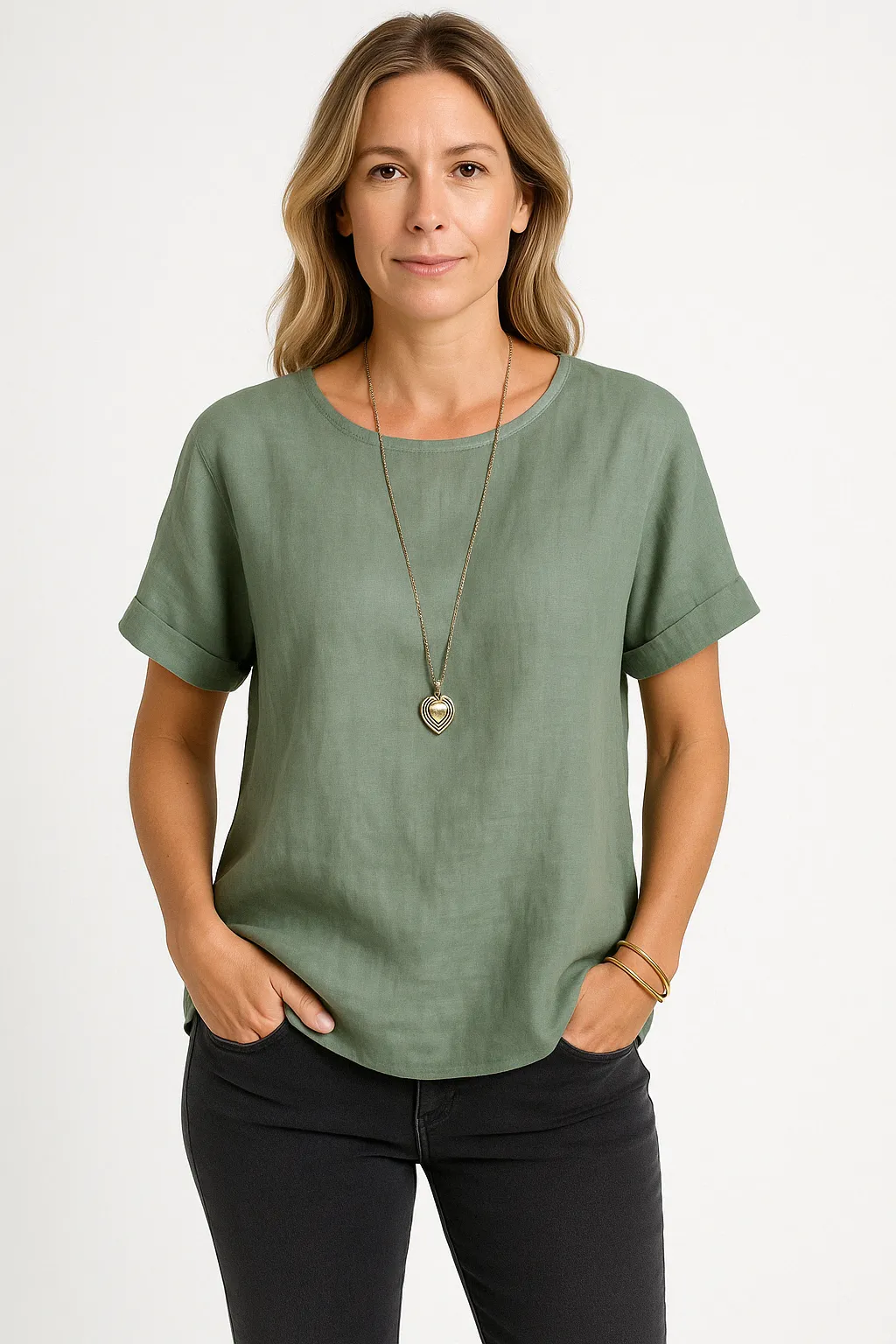 Women's Loose Fit Linen Blend T-Shirt with Short Sleeves and Curved Hem sold by Hensley London product image thumbnail 3