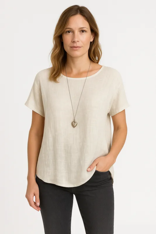Women's Loose Fit Linen Blend T-Shirt with Short Sleeves and Curved Hem sold by Hensley London
