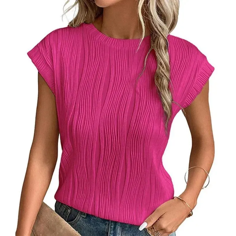 Women's Relaxed Fit Short-Sleeve Top with Pleated Texture – Casual Crewneck Shirt sold by Hensley London product image thumbnail 5