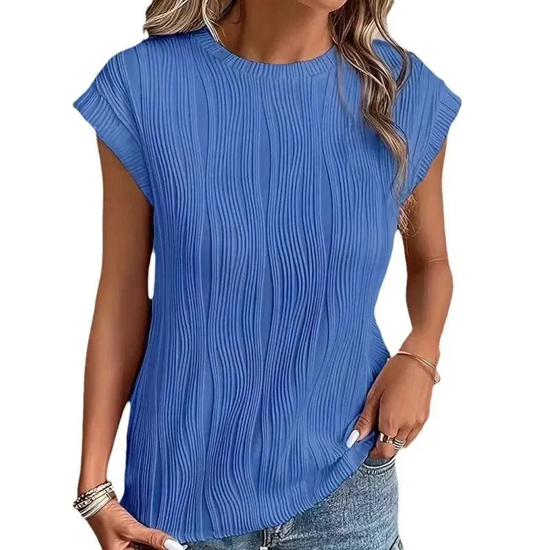 Women's Relaxed Fit Short-Sleeve Top with Pleated Texture – Casual Crewneck Shirt sold by Hensley London product image thumbnail 2