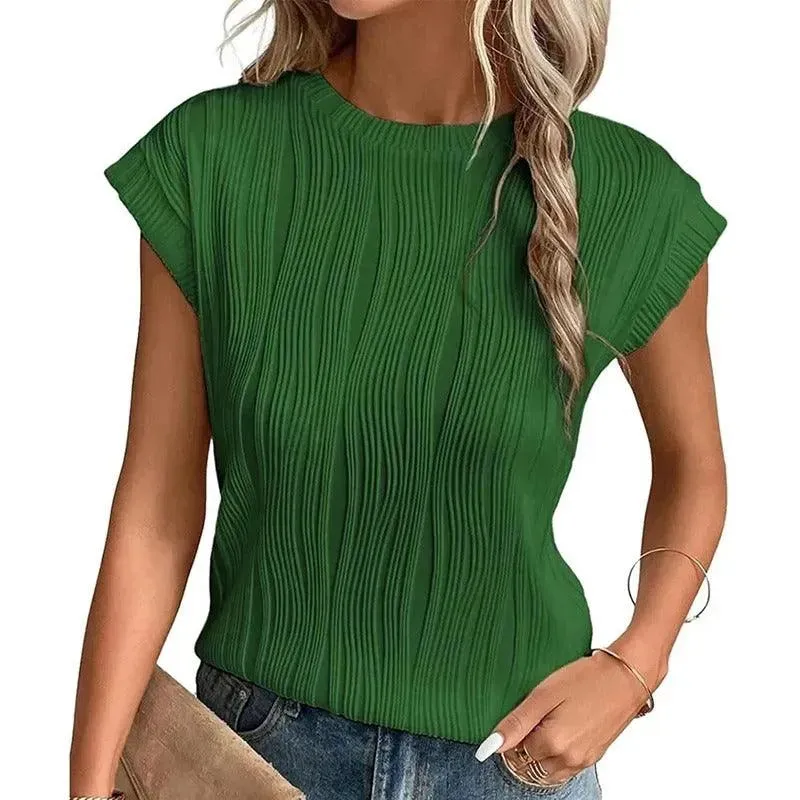 Women's Relaxed Fit Short-Sleeve Top with Pleated Texture – Casual Crewneck Shirt sold by Hensley London