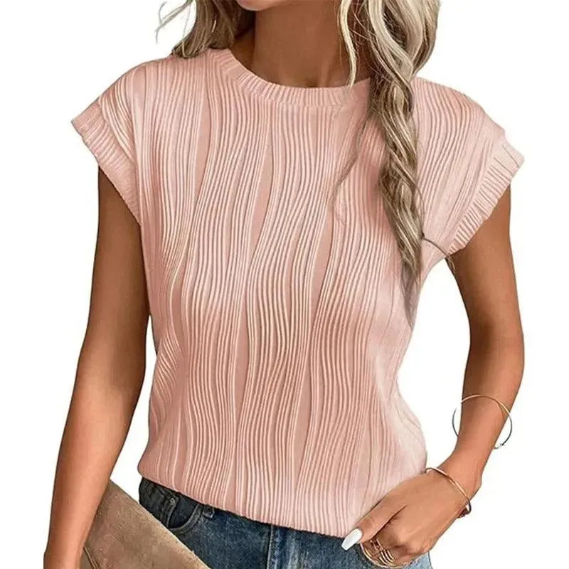 Women's Relaxed Fit Short-Sleeve Top with Pleated Texture – Casual Crewneck Shirt sold by Hensley London product image thumbnail 3