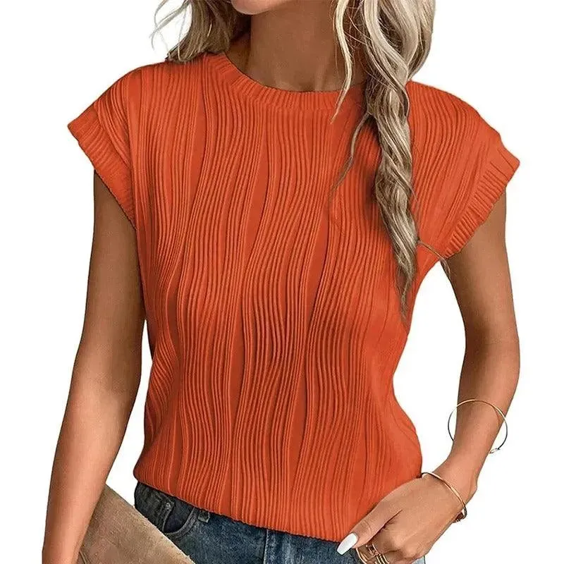 Women's Relaxed Fit Short-Sleeve Top with Pleated Texture – Casual Crewneck Shirt sold by Hensley London product image thumbnail 4