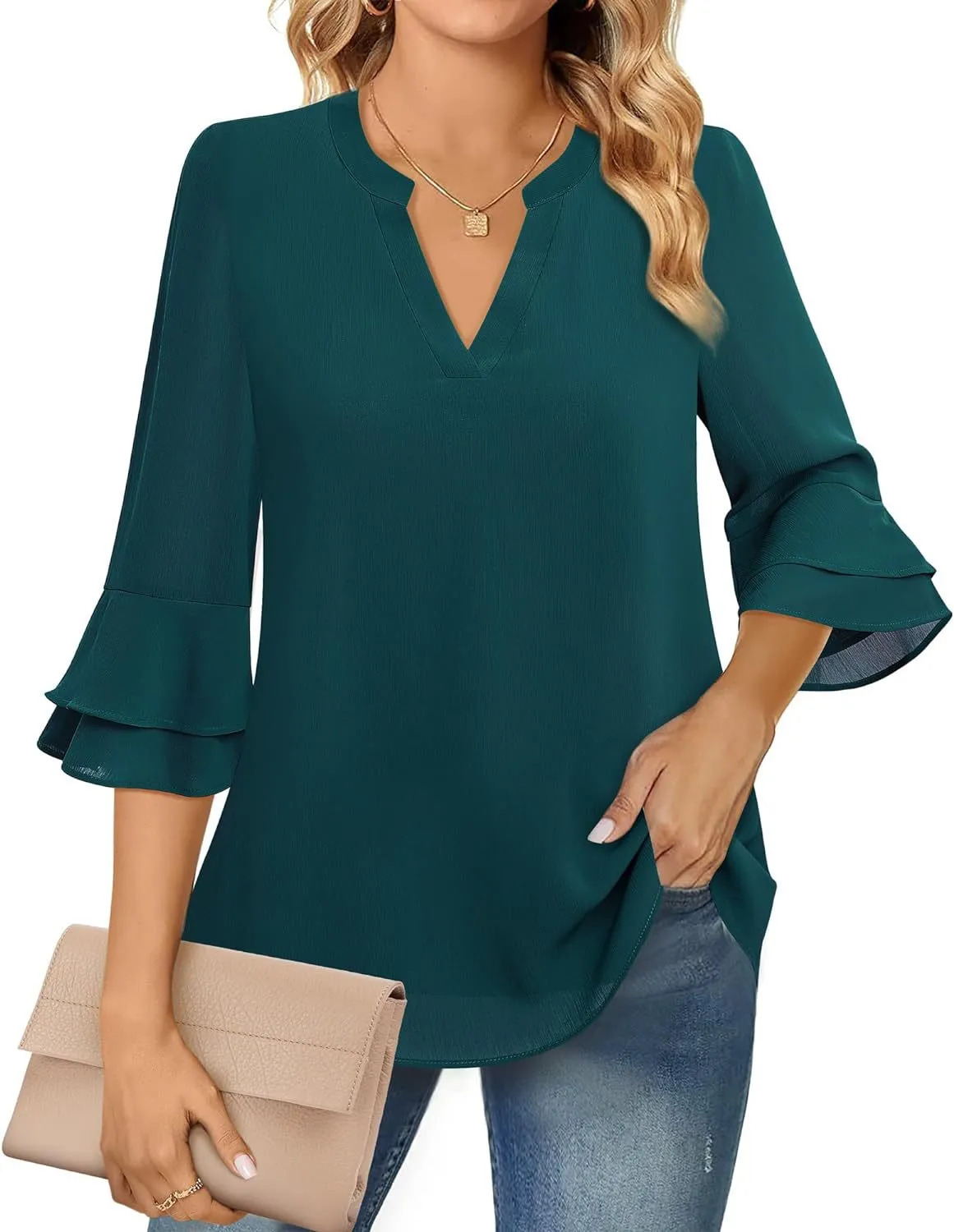 Ruffle Sleeve Blouse with V-Neckline for Women – Lightweight Polyester Blend for Casual and Office Wear sold by Hensley London product image thumbnail 2