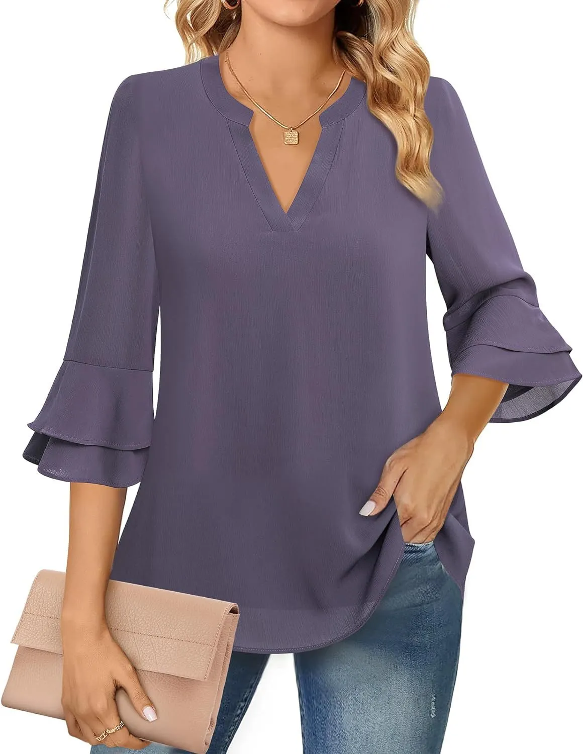 Ruffle Sleeve Blouse with V-Neckline for Women – Lightweight Polyester Blend for Casual and Office Wear sold by Hensley London product image thumbnail 4