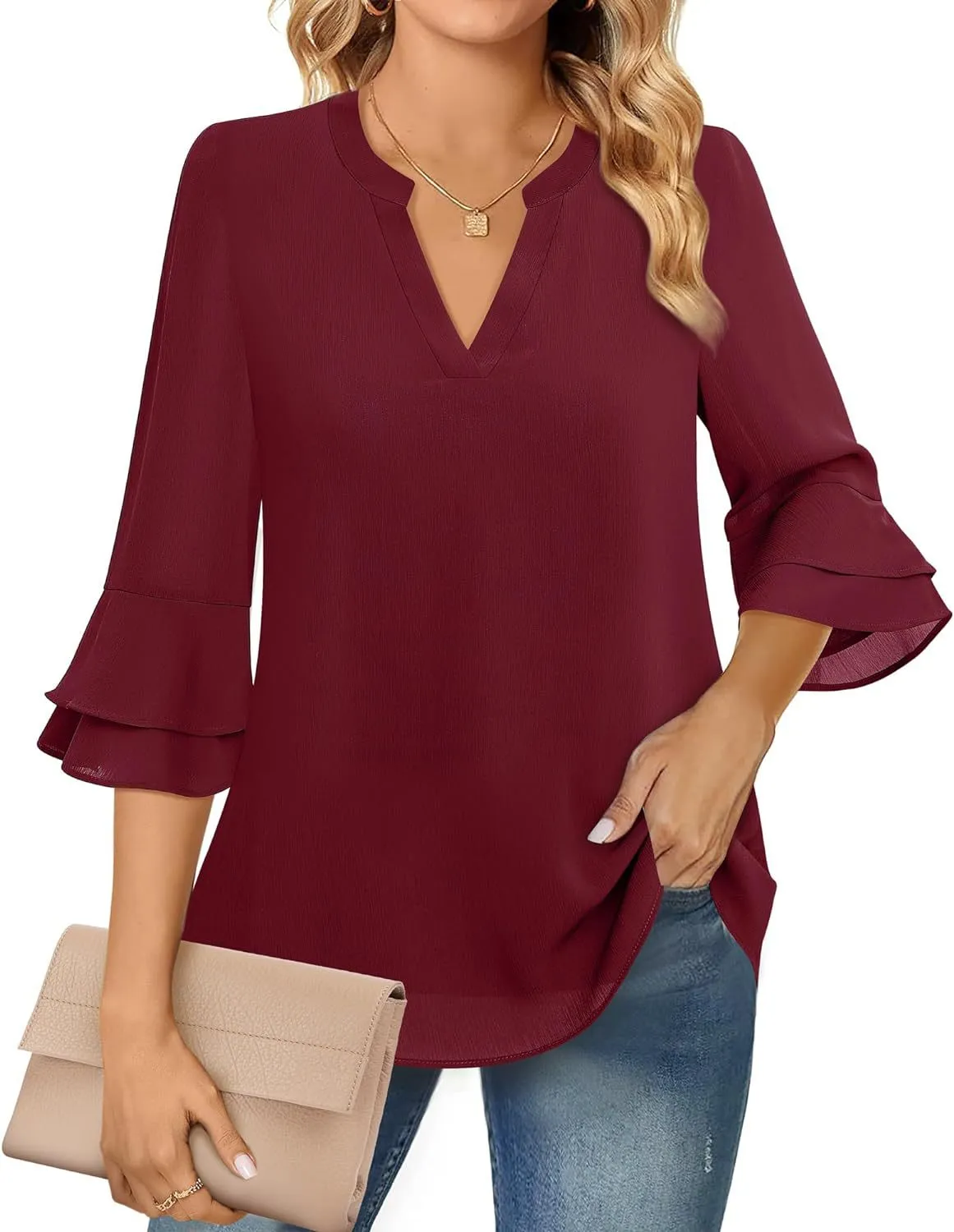 Ruffle Sleeve Blouse with V-Neckline for Women – Lightweight Polyester Blend for Casual and Office Wear sold by Hensley London product image thumbnail 3