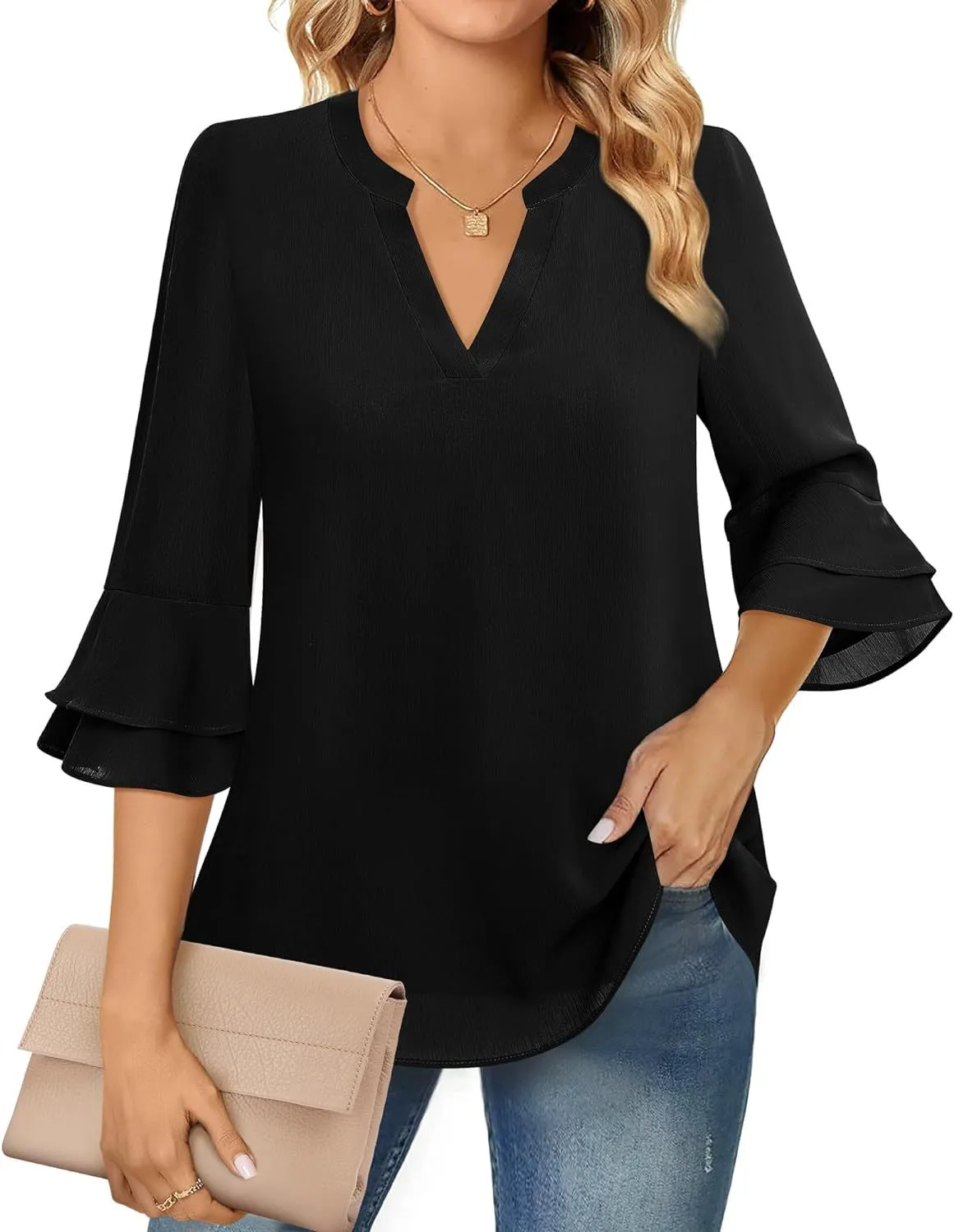 Ruffle Sleeve Blouse with V-Neckline for Women – Lightweight Polyester Blend for Casual and Office Wear sold by Hensley London product image thumbnail 5