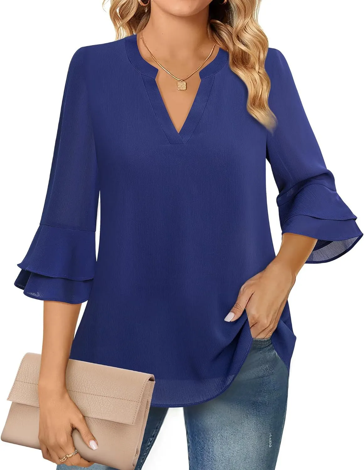 Ruffle Sleeve Blouse with V-Neckline for Women – Lightweight Polyester Blend for Casual and Office Wear sold by Hensley London