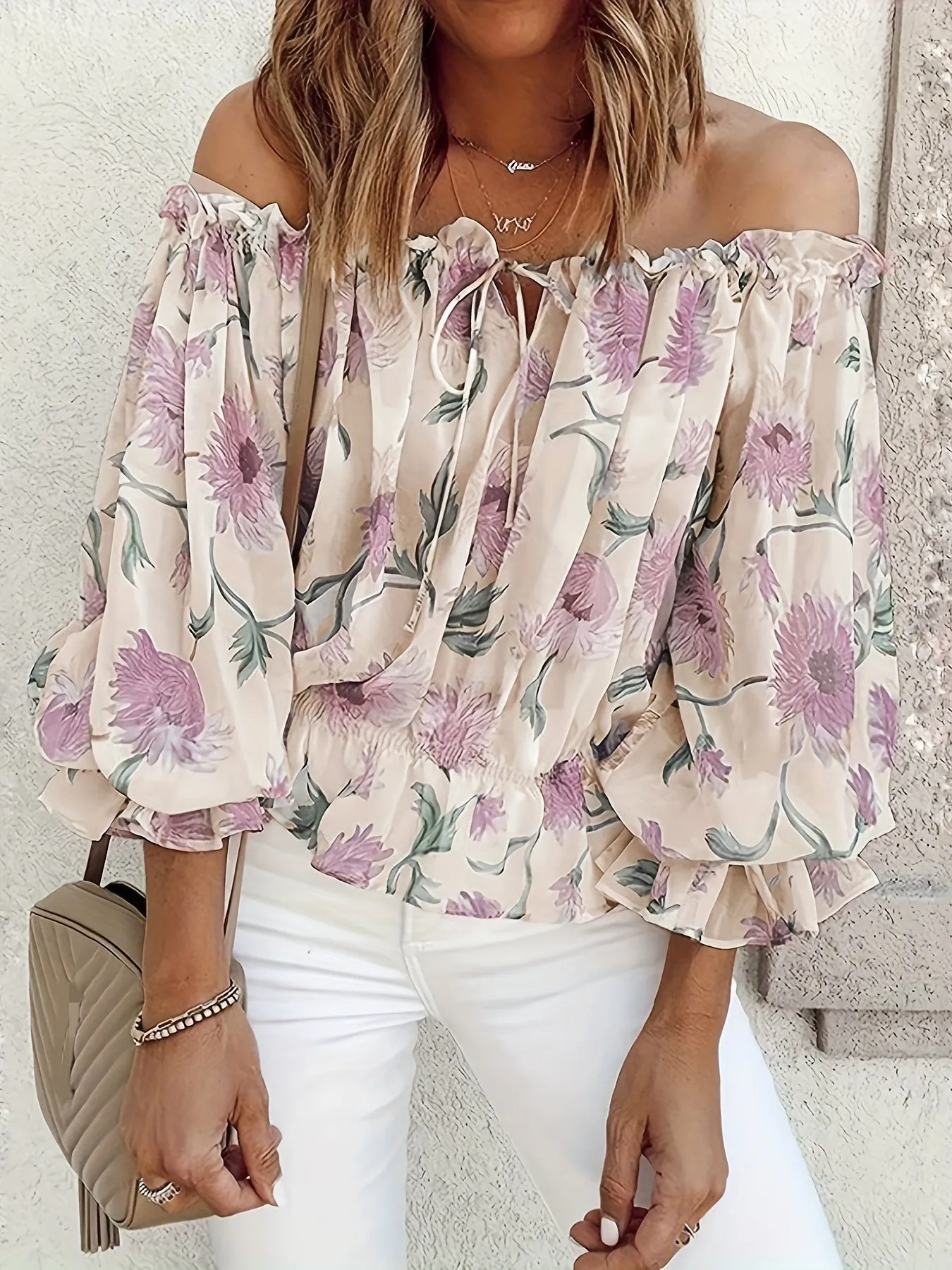 Off-Shoulder Floral Blouse for Women – Lightweight Boho Summer Top with Balloon Sleeves and Smocked Waist sold by Hensley London product image thumbnail 2